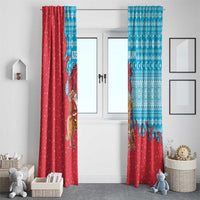 Azerbaijan Christmas Window Curtain with Santa Riding Horse Red Flame Motif and Blue Islamic Pattern Design - Wonder Print Shop