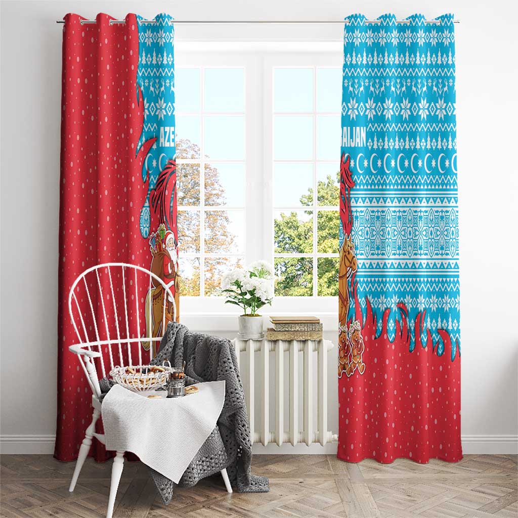 Azerbaijan Christmas Window Curtain with Santa Riding Horse Red Flame Motif and Blue Islamic Pattern Design - Wonder Print Shop