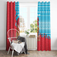Azerbaijan Christmas Window Curtain with Santa Riding Horse Red Flame Motif and Blue Islamic Pattern Design - Wonder Print Shop