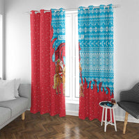 Azerbaijan Christmas Window Curtain with Santa Riding Horse Red Flame Motif and Blue Islamic Pattern Design - Wonder Print Shop