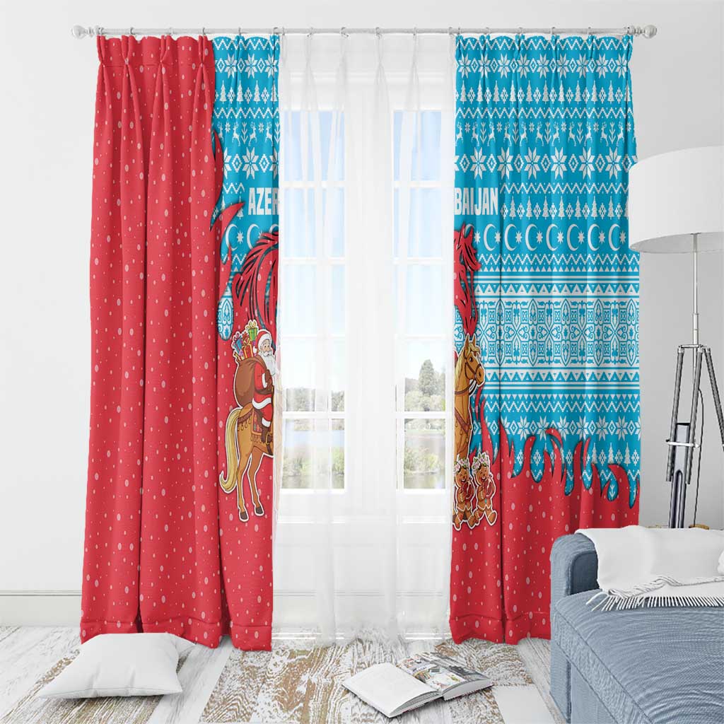 Azerbaijan Christmas Window Curtain with Santa Riding Horse Red Flame Motif and Blue Islamic Pattern Design - Wonder Print Shop