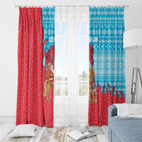 Azerbaijan Christmas Window Curtain with Santa Riding Horse Red Flame Motif and Blue Islamic Pattern Design - Wonder Print Shop