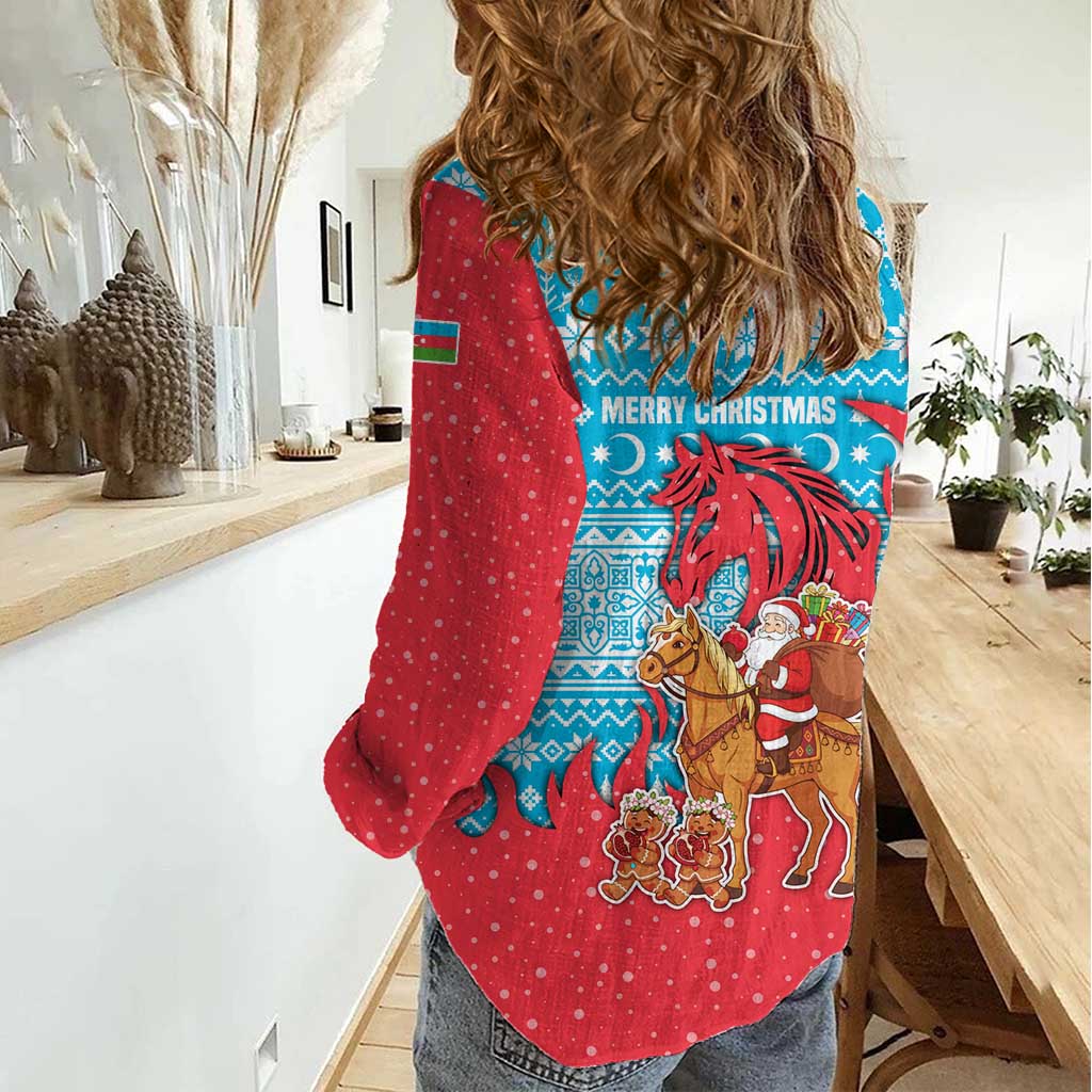 Azerbaijan Christmas Women Casual Shirt with Santa Riding Horse Red Flame Motif and Blue Islamic Pattern Design - Wonder Print Shop