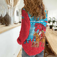 Azerbaijan Christmas Women Casual Shirt with Santa Riding Horse Red Flame Motif and Blue Islamic Pattern Design - Wonder Print Shop