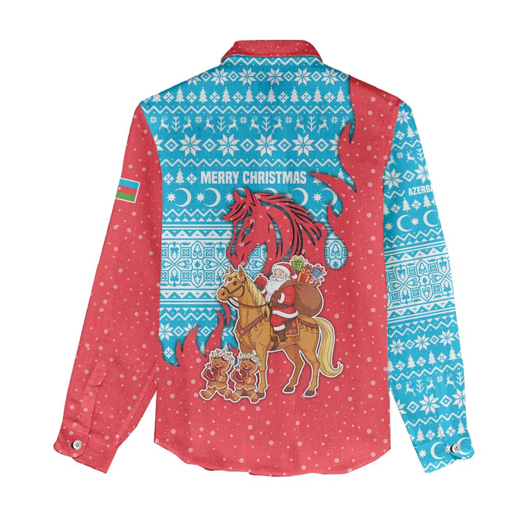Azerbaijan Christmas Women Casual Shirt with Santa Riding Horse Red Flame Motif and Blue Islamic Pattern Design - Wonder Print Shop