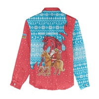 Azerbaijan Christmas Women Casual Shirt with Santa Riding Horse Red Flame Motif and Blue Islamic Pattern Design - Wonder Print Shop