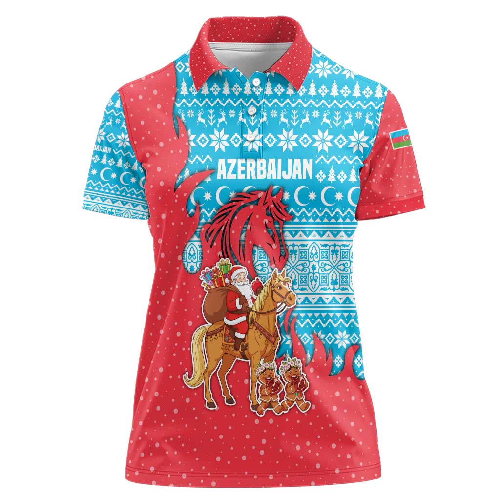 Azerbaijan Christmas Women Polo Shirt with Santa Riding Horse Red Flame Motif and Blue Islamic Pattern Design - Wonder Print Shop
