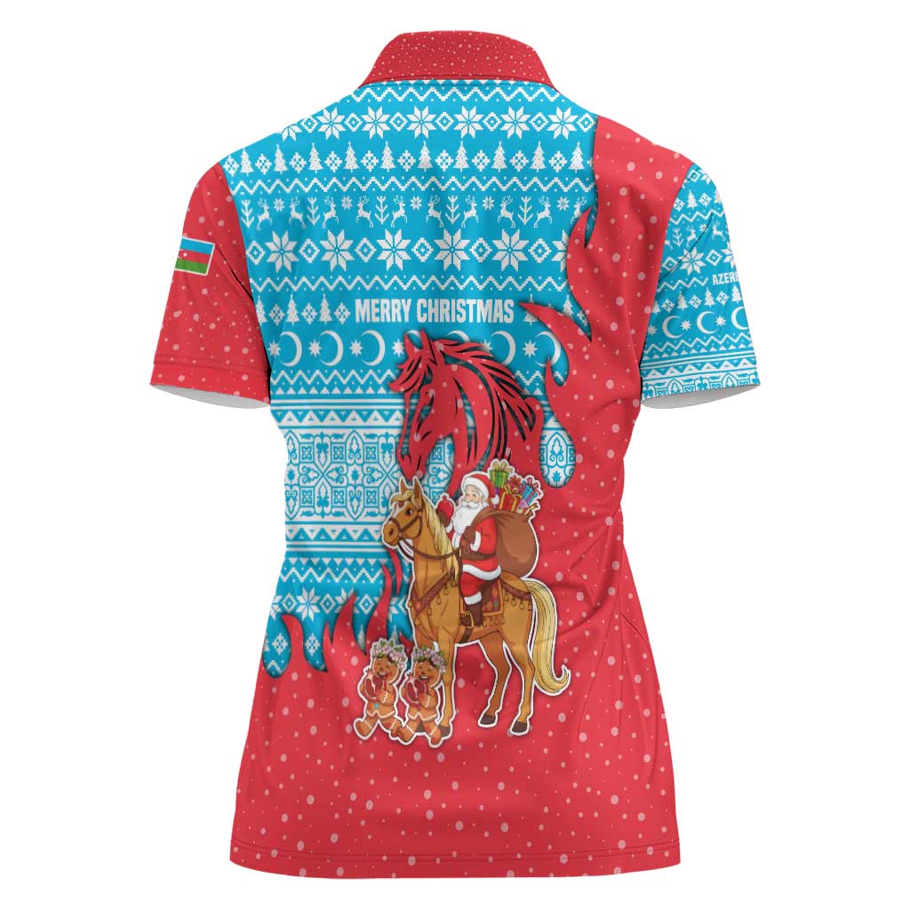 Azerbaijan Christmas Women Polo Shirt with Santa Riding Horse Red Flame Motif and Blue Islamic Pattern Design - Wonder Print Shop