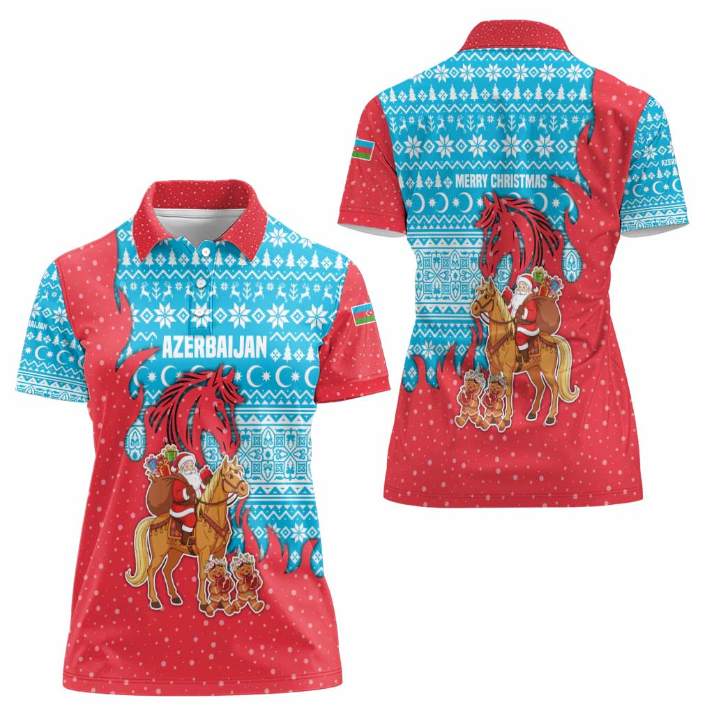 Azerbaijan Christmas Women Polo Shirt with Santa Riding Horse Red Flame Motif and Blue Islamic Pattern Design - Wonder Print Shop