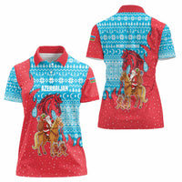 Azerbaijan Christmas Women Polo Shirt with Santa Riding Horse Red Flame Motif and Blue Islamic Pattern Design - Wonder Print Shop