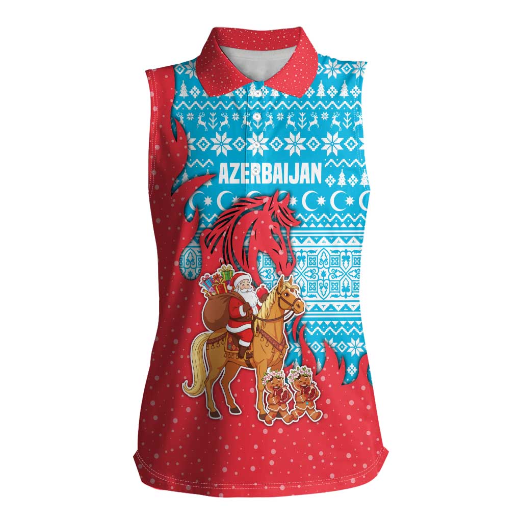 Azerbaijan Christmas Women Sleeveless Polo Shirt with Santa Riding Horse Red Flame Motif and Blue Islamic Pattern Design - Wonder Print Shop