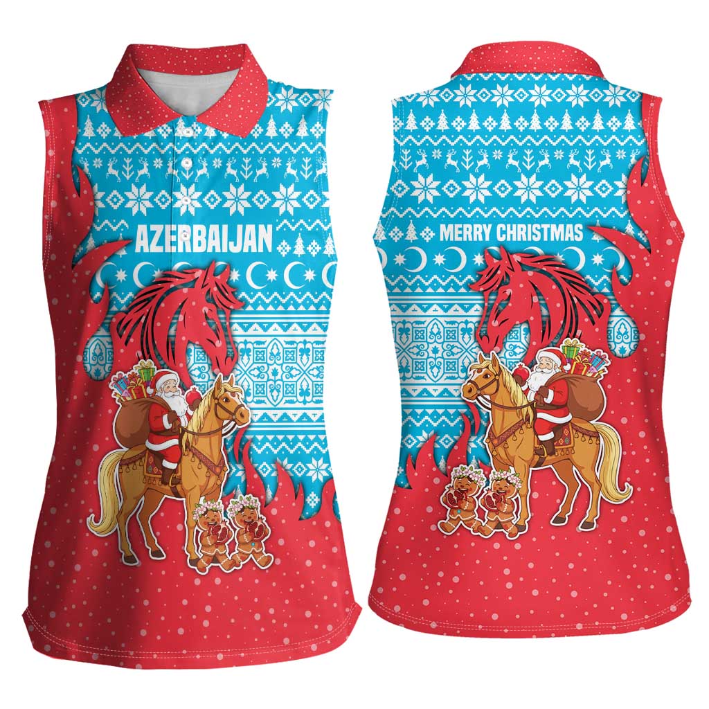 Azerbaijan Christmas Women Sleeveless Polo Shirt with Santa Riding Horse Red Flame Motif and Blue Islamic Pattern Design - Wonder Print Shop