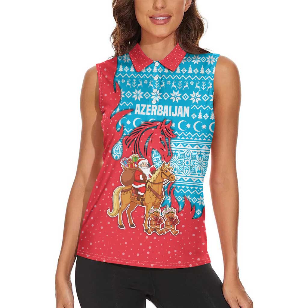 Azerbaijan Christmas Women Sleeveless Polo Shirt with Santa Riding Horse Red Flame Motif and Blue Islamic Pattern Design - Wonder Print Shop