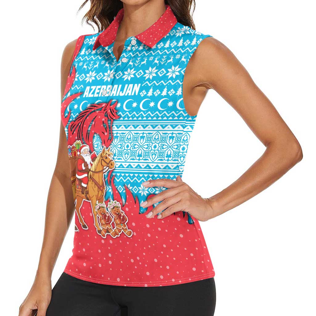 Azerbaijan Christmas Women Sleeveless Polo Shirt with Santa Riding Horse Red Flame Motif and Blue Islamic Pattern Design - Wonder Print Shop