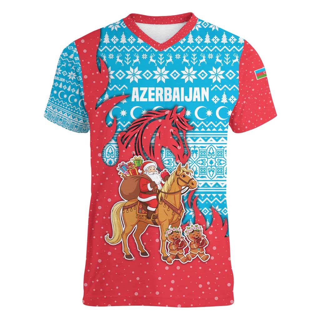 Azerbaijan Christmas Women V-Neck T-Shirt with Santa Riding Horse Red Flame Motif and Blue Islamic Pattern Design - Wonder Print Shop