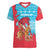 Azerbaijan Christmas Women V-Neck T-Shirt with Santa Riding Horse Red Flame Motif and Blue Islamic Pattern Design - Wonder Print Shop