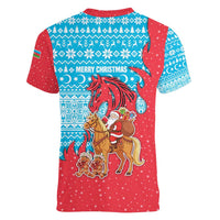 Azerbaijan Christmas Women V-Neck T-Shirt with Santa Riding Horse Red Flame Motif and Blue Islamic Pattern Design - Wonder Print Shop