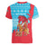 Azerbaijan Christmas Women V-Neck T-Shirt with Santa Riding Horse Red Flame Motif and Blue Islamic Pattern Design - Wonder Print Shop