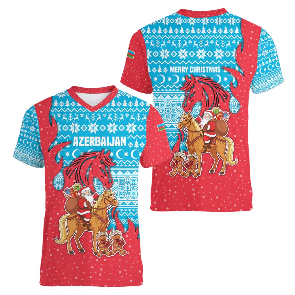 Azerbaijan Christmas Women V-Neck T-Shirt with Santa Riding Horse Red Flame Motif and Blue Islamic Pattern Design - Wonder Print Shop