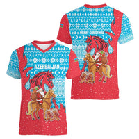Azerbaijan Christmas Women V-Neck T-Shirt with Santa Riding Horse Red Flame Motif and Blue Islamic Pattern Design - Wonder Print Shop