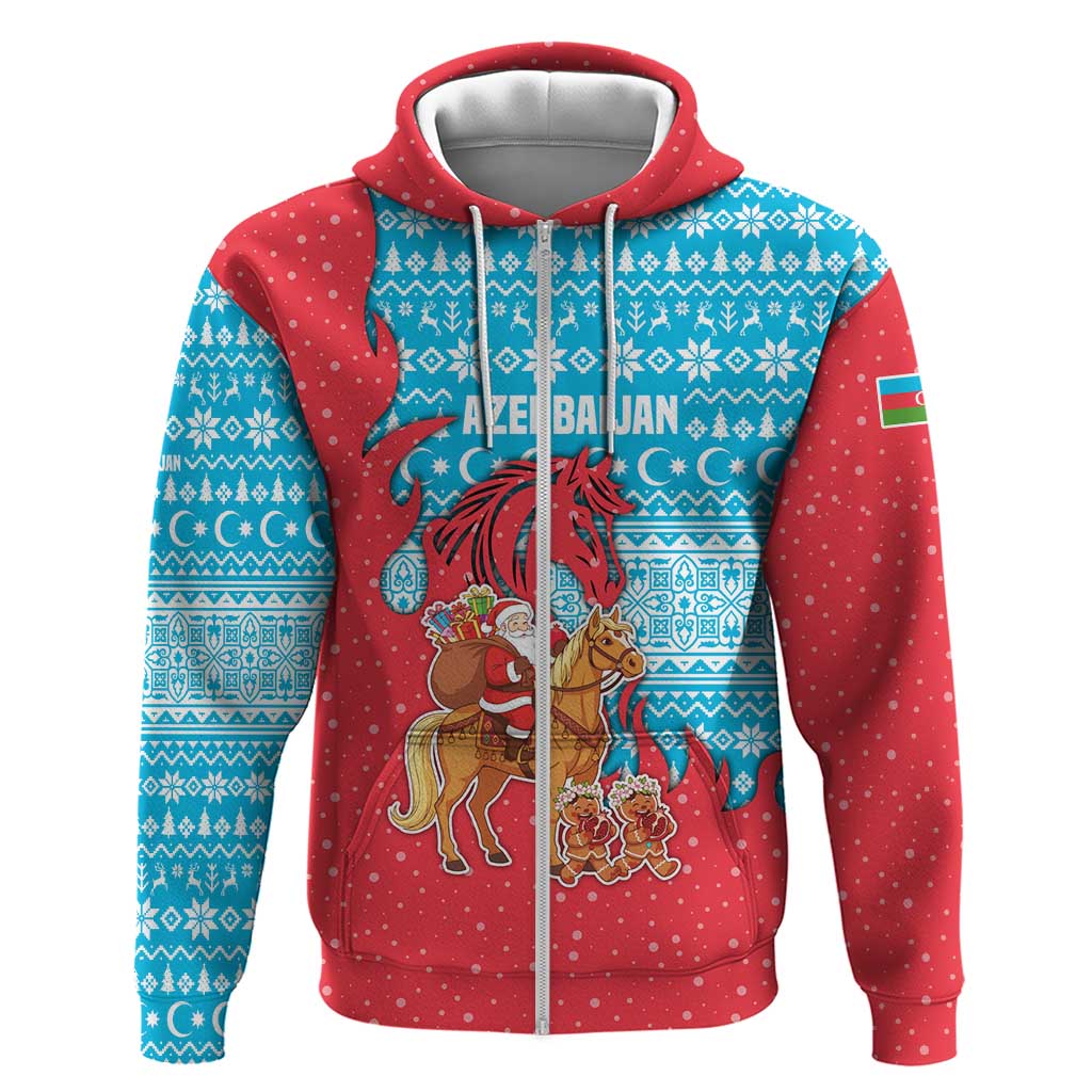 Azerbaijan Christmas Zip Hoodie with Santa Riding Horse Red Flame Motif and Blue Islamic Pattern Design - Wonder Print Shop