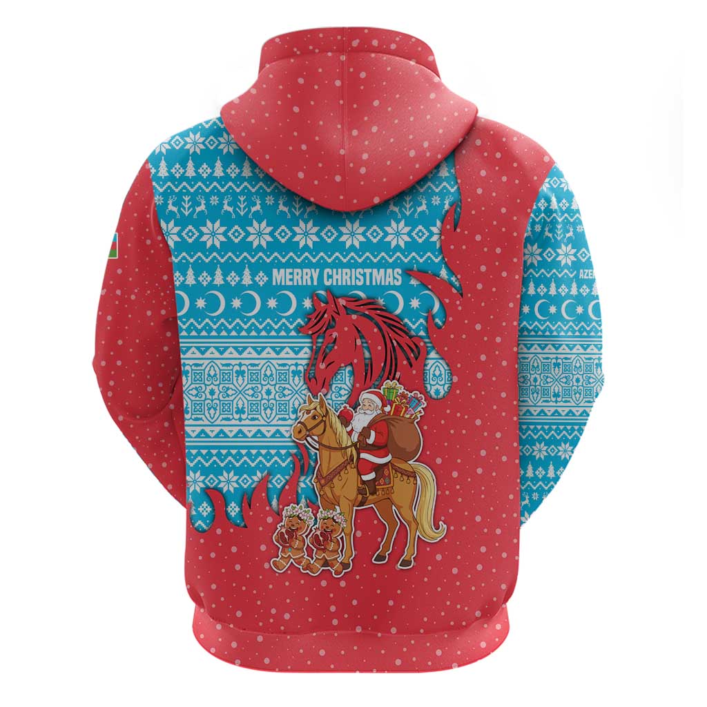 Azerbaijan Christmas Zip Hoodie with Santa Riding Horse Red Flame Motif and Blue Islamic Pattern Design - Wonder Print Shop