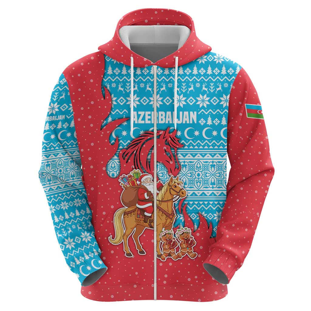 Azerbaijan Christmas Zip Hoodie with Santa Riding Horse Red Flame Motif and Blue Islamic Pattern Design - Wonder Print Shop
