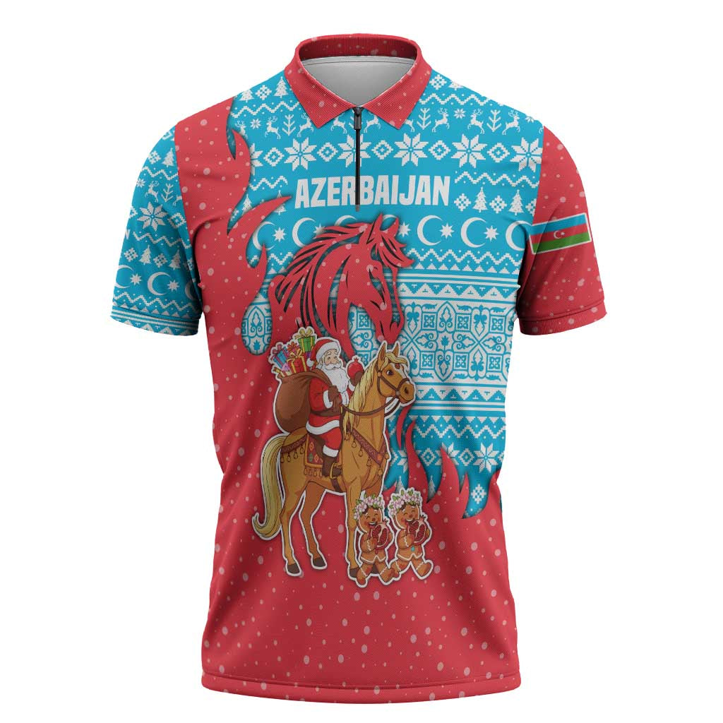 Azerbaijan Christmas Zipper Polo Shirt with Santa Riding Horse Red Flame Motif and Blue Islamic Pattern Design - Wonder Print Shop