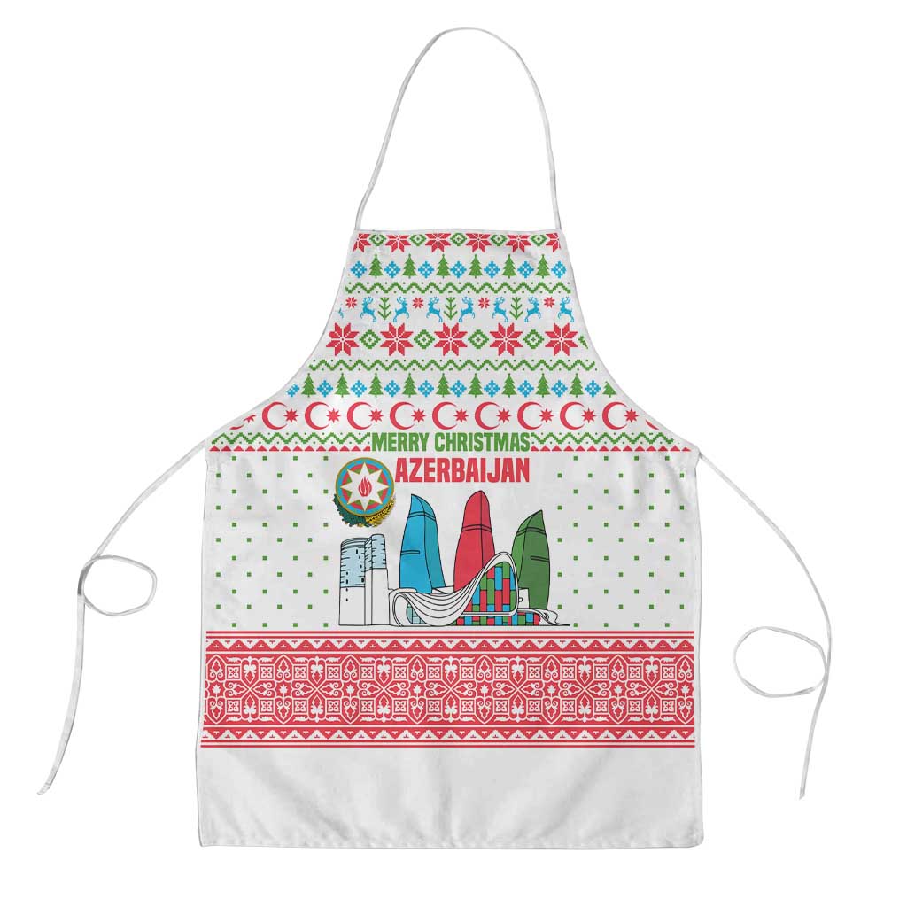 Azerbaijan Christmas Apron with Baku Skyline Azerbaijan Flag and Red Green Snowflake Pattern Design - Wonder Print Shop