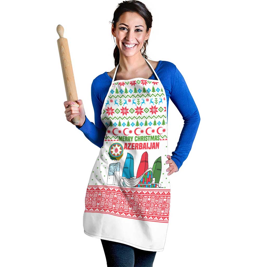 Azerbaijan Christmas Apron with Baku Skyline Azerbaijan Flag and Red Green Snowflake Pattern Design - Wonder Print Shop