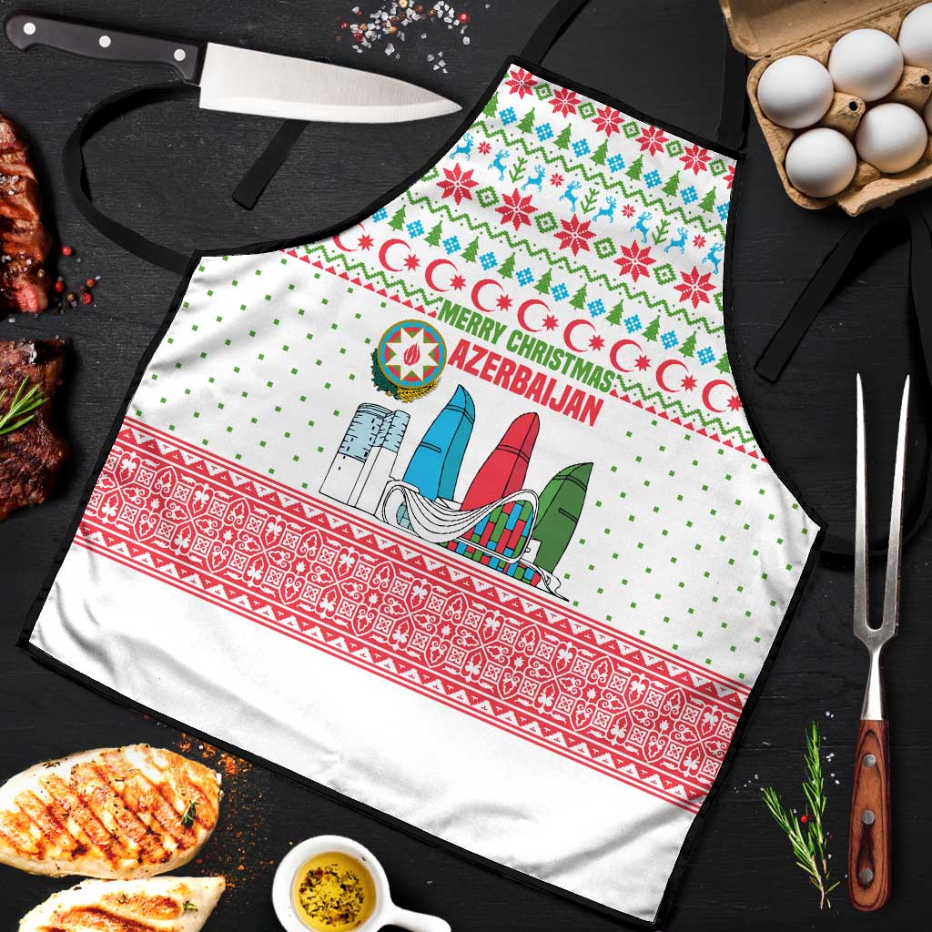 Azerbaijan Christmas Apron with Baku Skyline Azerbaijan Flag and Red Green Snowflake Pattern Design - Wonder Print Shop