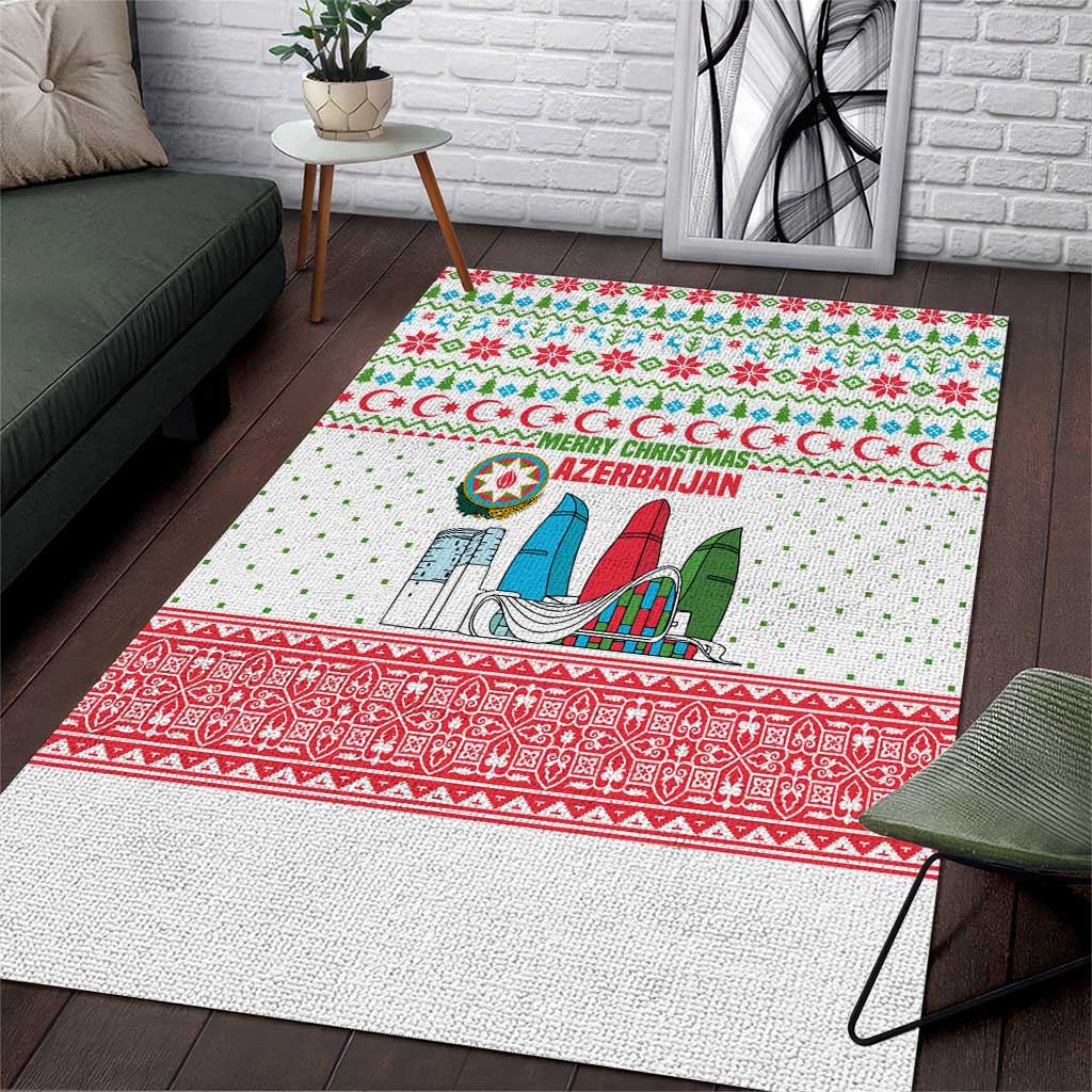 Azerbaijan Christmas Area Rug with Baku Skyline Azerbaijan Flag and Red Green Snowflake Pattern Design - Wonder Print Shop