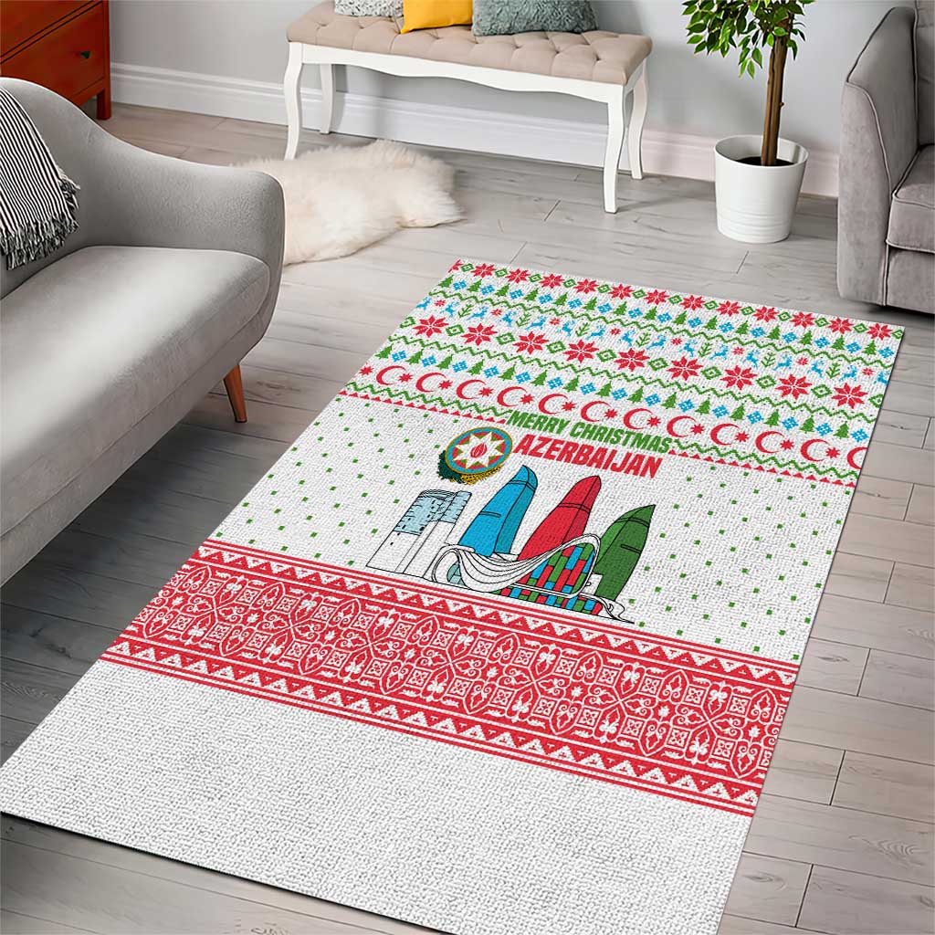 Azerbaijan Christmas Area Rug with Baku Skyline Azerbaijan Flag and Red Green Snowflake Pattern Design - Wonder Print Shop
