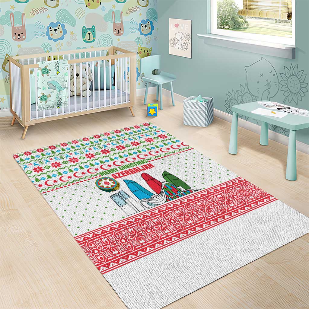 Azerbaijan Christmas Area Rug with Baku Skyline Azerbaijan Flag and Red Green Snowflake Pattern Design - Wonder Print Shop