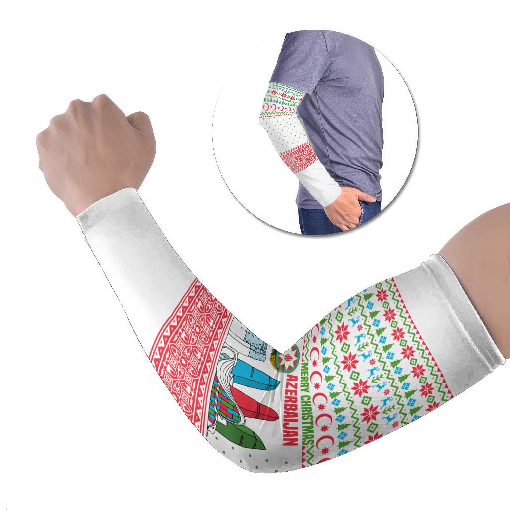 Azerbaijan Christmas Arm Sleeves with Baku Skyline Azerbaijan Flag and Red Green Snowflake Pattern Design - Wonder Print Shop