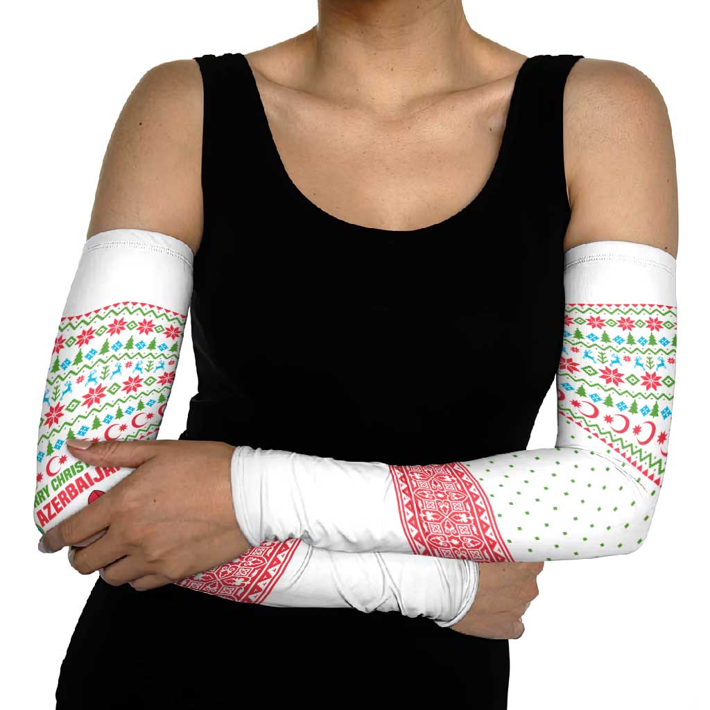 Azerbaijan Christmas Arm Sleeves with Baku Skyline Azerbaijan Flag and Red Green Snowflake Pattern Design - Wonder Print Shop