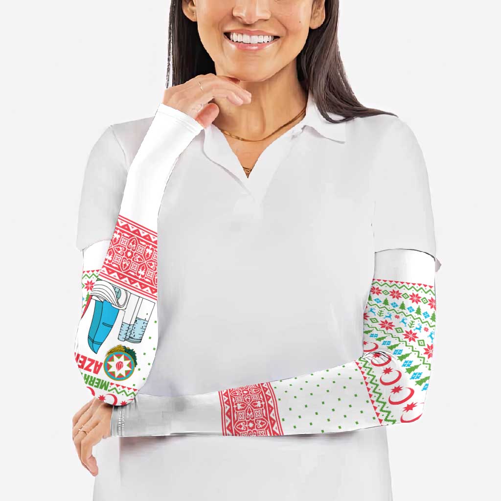 Azerbaijan Christmas Arm Sleeves with Baku Skyline Azerbaijan Flag and Red Green Snowflake Pattern Design - Wonder Print Shop