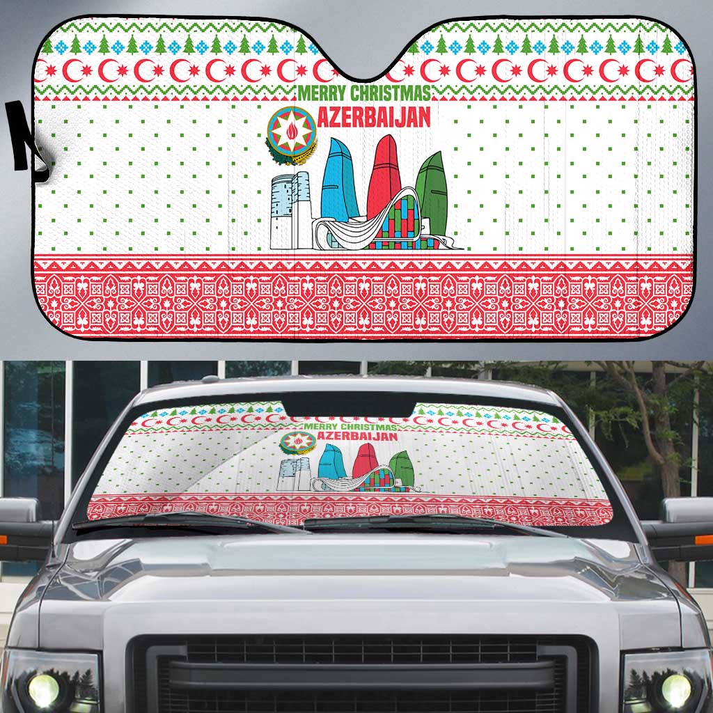Azerbaijan Christmas Auto Sun Shade with Baku Skyline Azerbaijan Flag and Red Green Snowflake Pattern Design - Wonder Print Shop