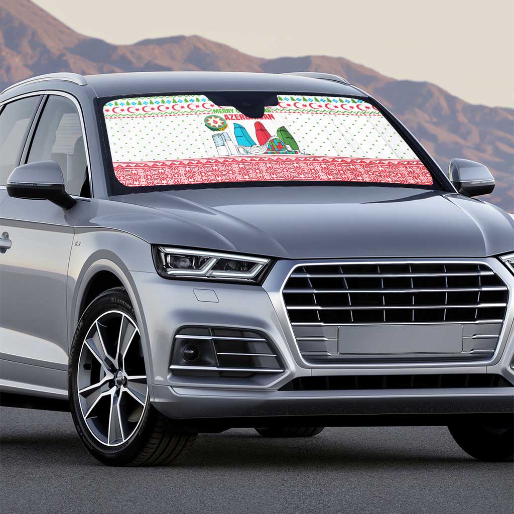 Azerbaijan Christmas Auto Sun Shade with Baku Skyline Azerbaijan Flag and Red Green Snowflake Pattern Design - Wonder Print Shop