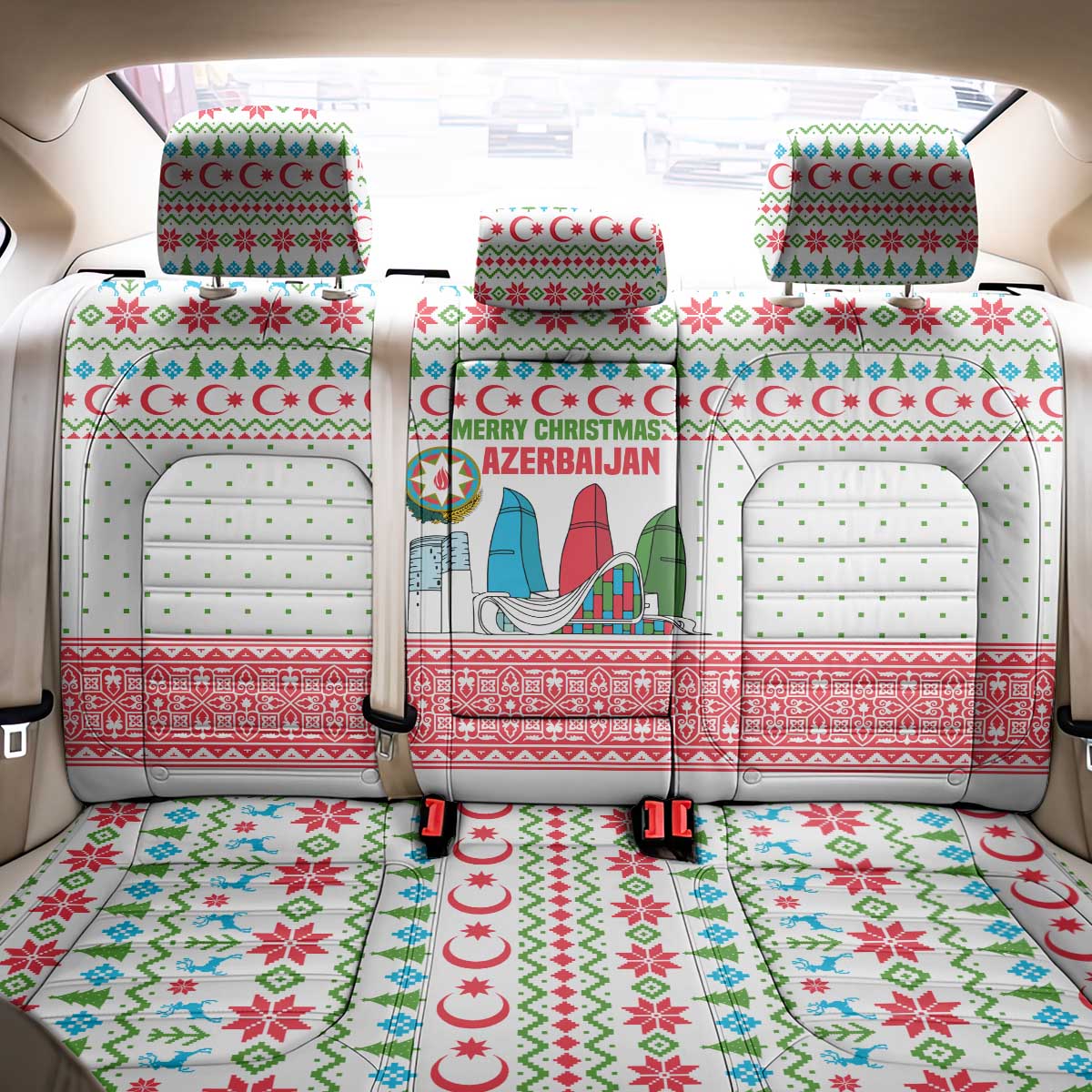 Azerbaijan Christmas Back Car Seat Cover with Baku Skyline Azerbaijan Flag and Red Green Snowflake Pattern Design - Wonder Print Shop