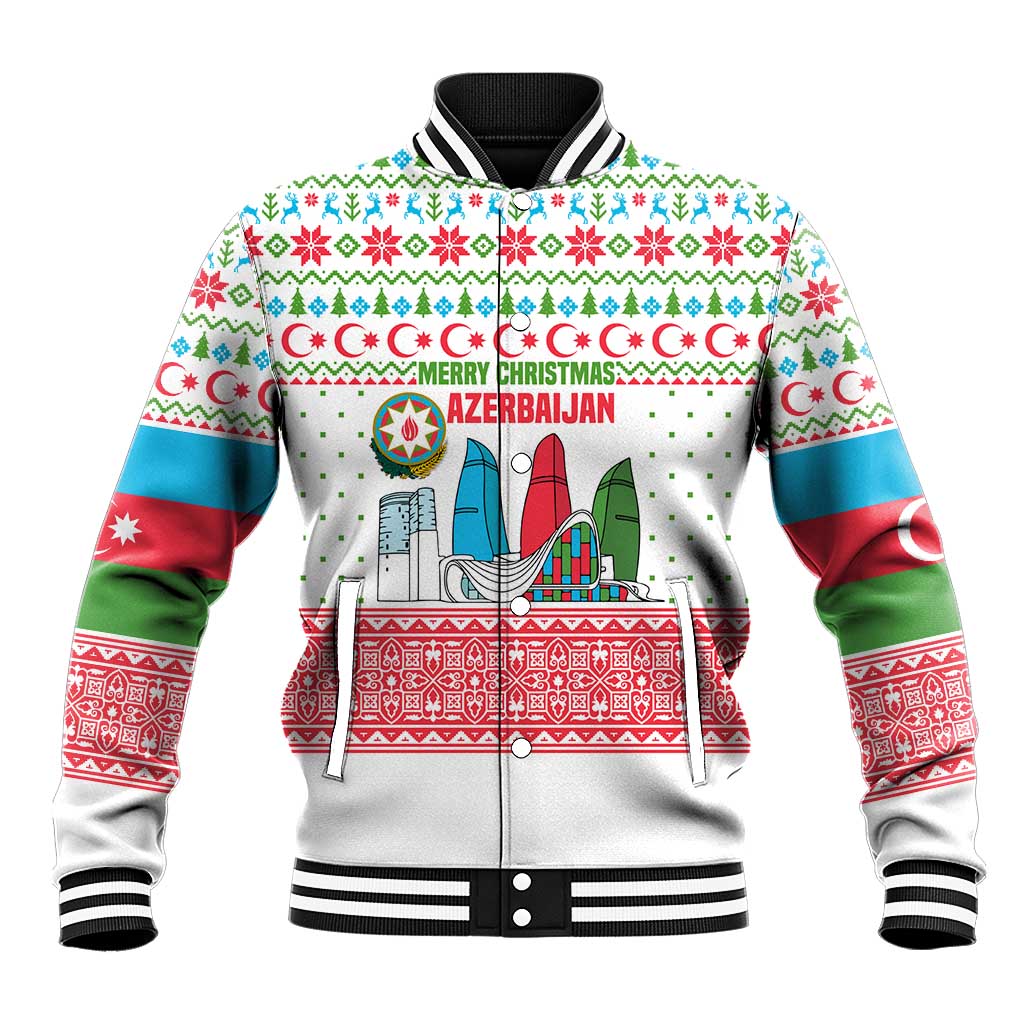 Azerbaijan Christmas Baseball Jacket with Baku Skyline Azerbaijan Flag and Red Green Snowflake Pattern Design - Wonder Print Shop