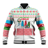 Azerbaijan Christmas Baseball Jacket with Baku Skyline Azerbaijan Flag and Red Green Snowflake Pattern Design - Wonder Print Shop