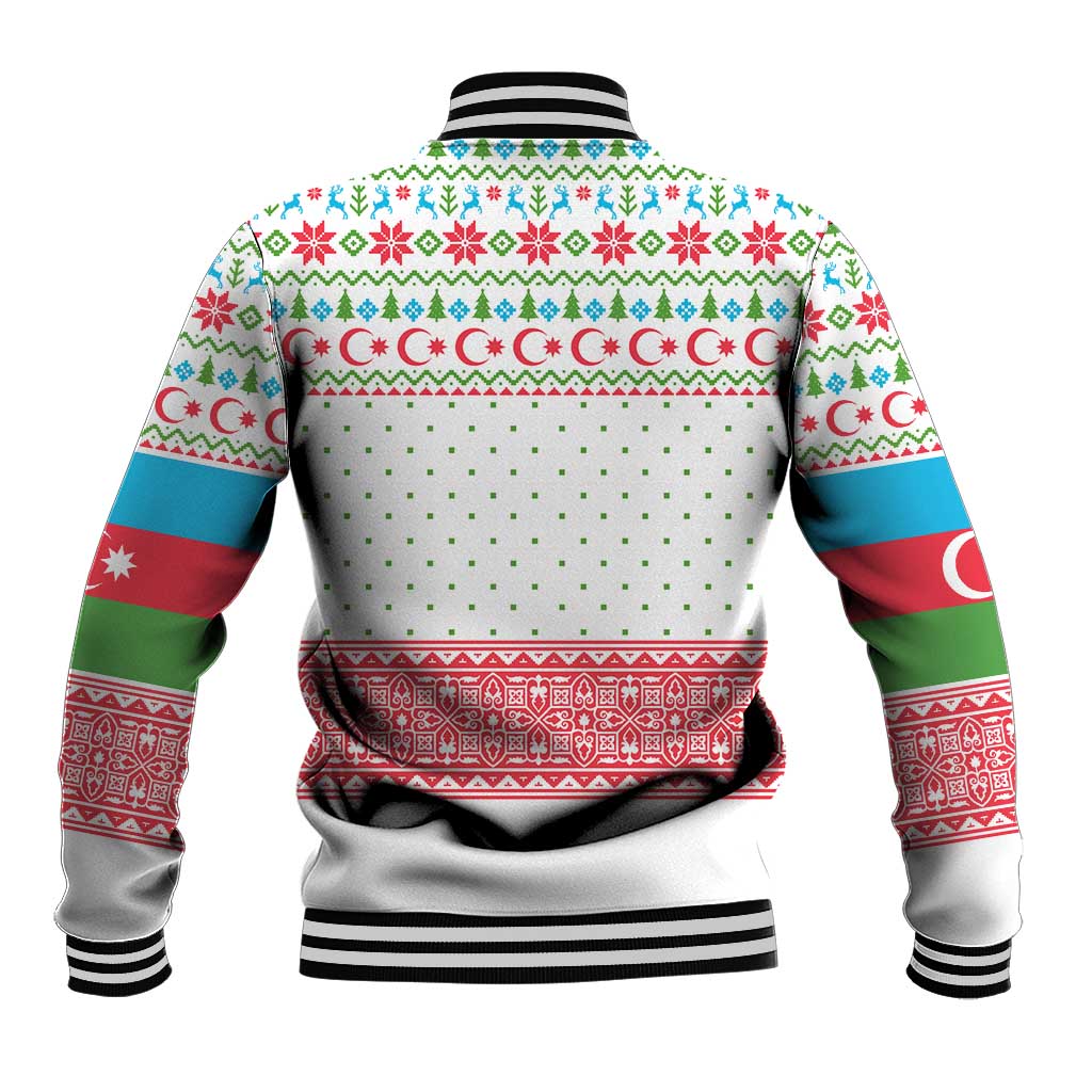 Azerbaijan Christmas Baseball Jacket with Baku Skyline Azerbaijan Flag and Red Green Snowflake Pattern Design - Wonder Print Shop
