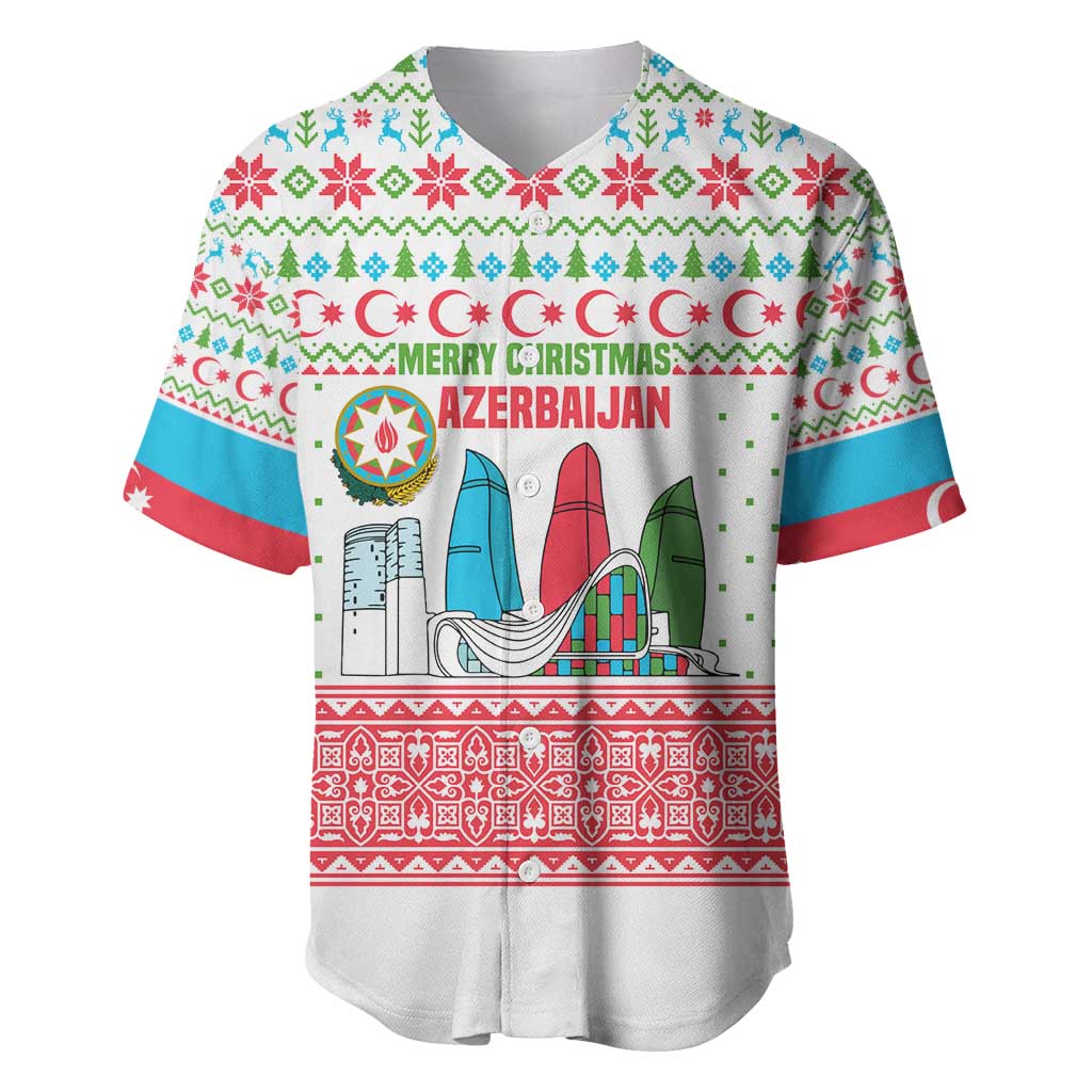 Azerbaijan Christmas Baseball Jersey with Baku Skyline Azerbaijan Flag and Red Green Snowflake Pattern Design - Wonder Print Shop