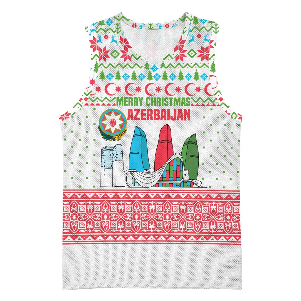 Azerbaijan Christmas Basketball Jersey with Baku Skyline Azerbaijan Flag and Red Green Snowflake Pattern Design - Wonder Print Shop