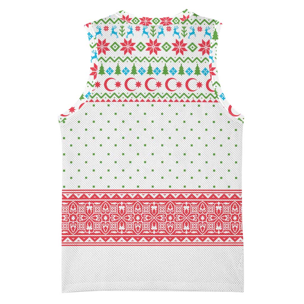 Azerbaijan Christmas Basketball Jersey with Baku Skyline Azerbaijan Flag and Red Green Snowflake Pattern Design - Wonder Print Shop