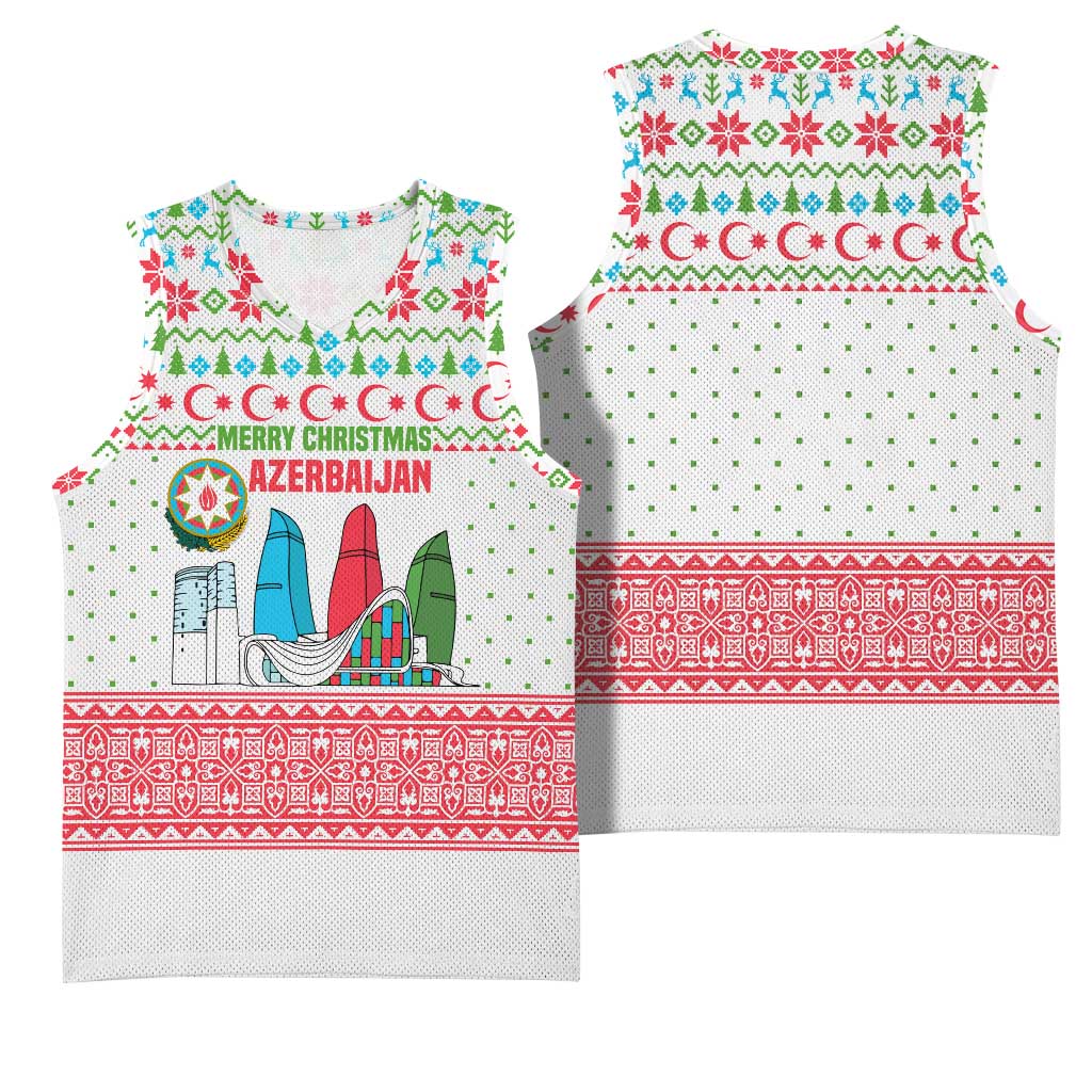 Azerbaijan Christmas Basketball Jersey with Baku Skyline Azerbaijan Flag and Red Green Snowflake Pattern Design - Wonder Print Shop