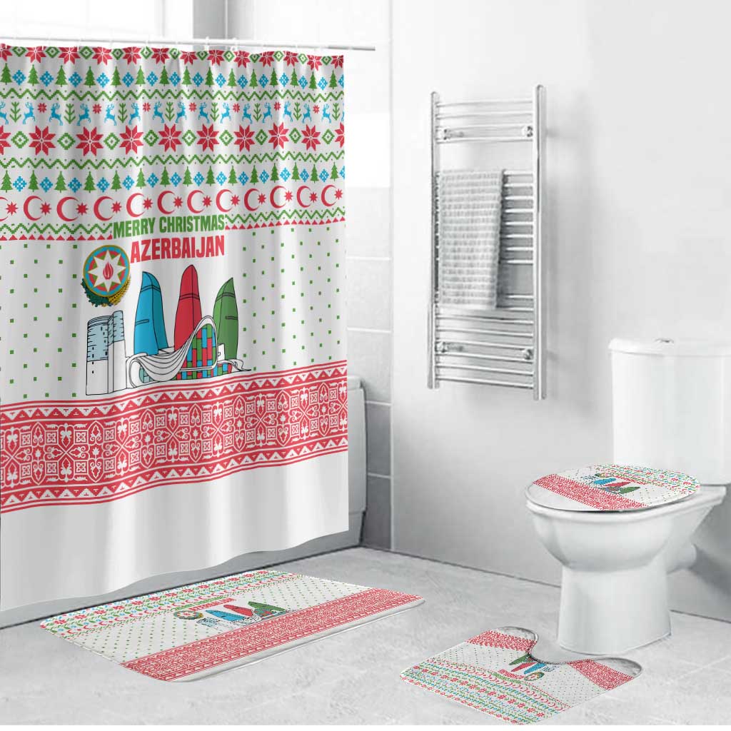 Azerbaijan Christmas Bathroom Set with Baku Skyline Azerbaijan Flag and Red Green Snowflake Pattern Design - Wonder Print Shop