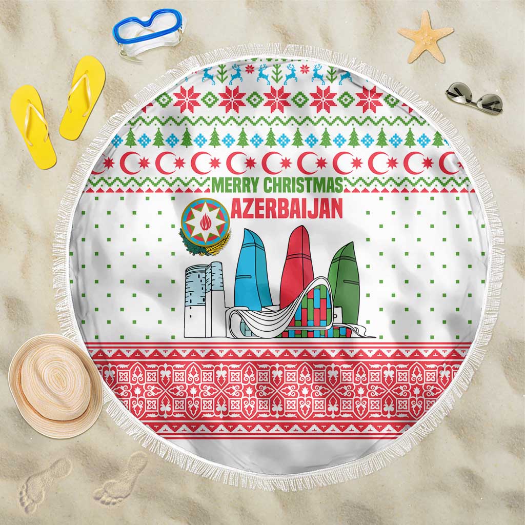 Azerbaijan Christmas Beach Blanket with Baku Skyline Azerbaijan Flag and Red Green Snowflake Pattern Design - Wonder Print Shop
