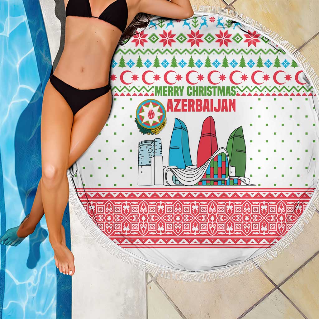 Azerbaijan Christmas Beach Blanket with Baku Skyline Azerbaijan Flag and Red Green Snowflake Pattern Design - Wonder Print Shop